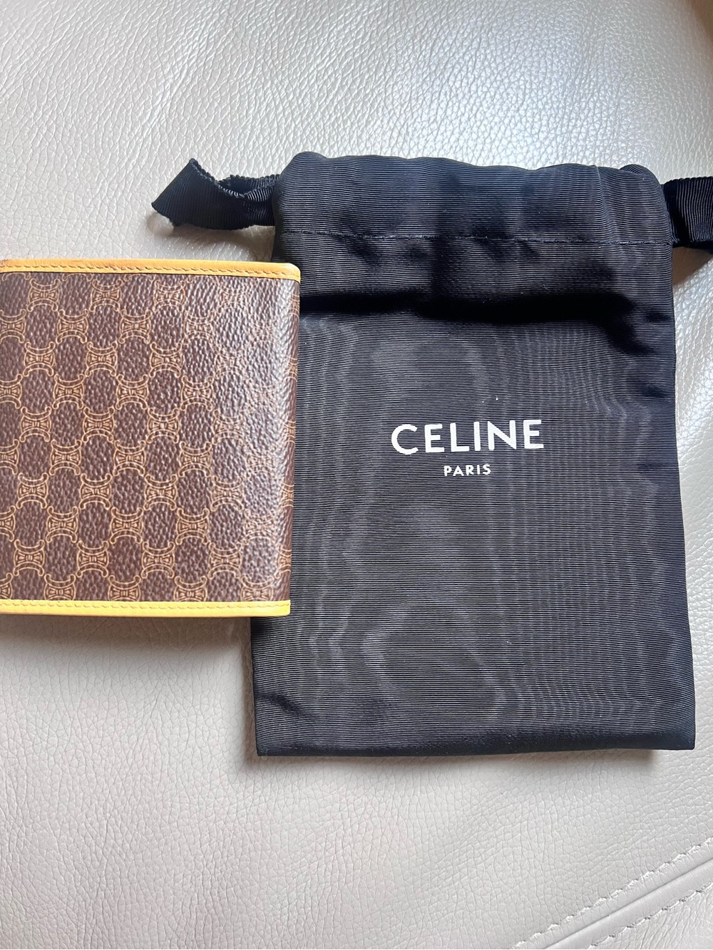 Celine Brown Triomphe Canvas Card Wallet with Yellow Trim